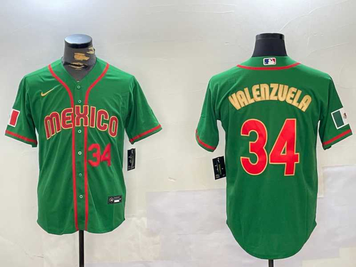 Mens Mexico Baseball #34 Fernando Valenzuela Number 2023 Green Gold World Classic Stitched Jersey->2023 world baseball classic->MLB Jersey